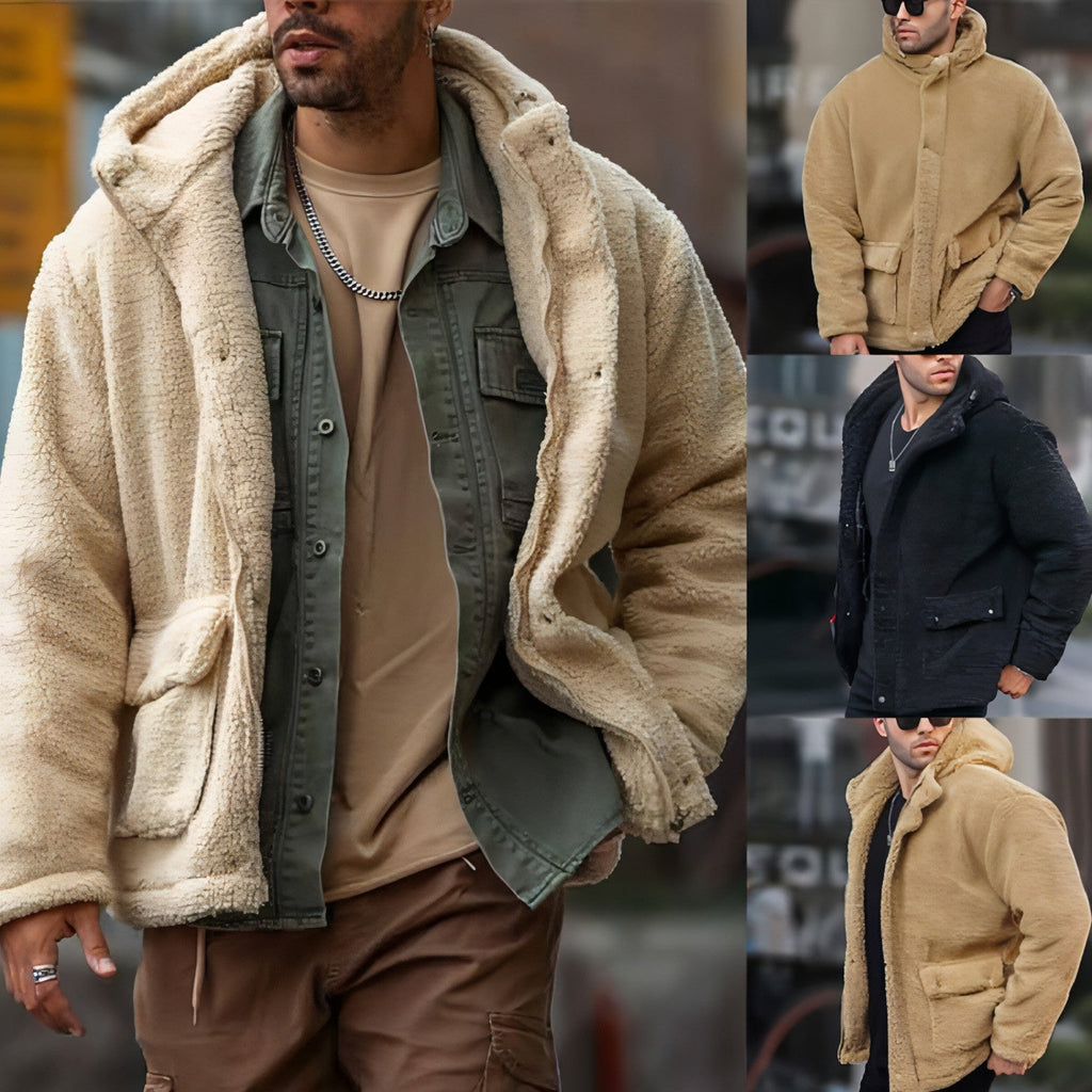 Autumn And Winter Men's Hooded Solid Color Coat Jacket Polar Fleece