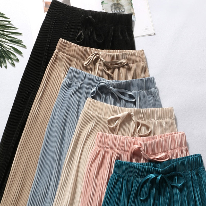Pleated Wide Leg Pants Clothing | Women Pleated Crop Pants | Ice Silk