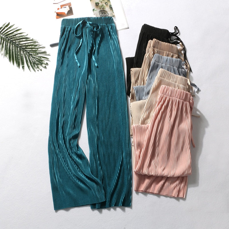 Pleated Wide Leg Pants Clothing | Women Pleated Crop Pants | Ice Silk