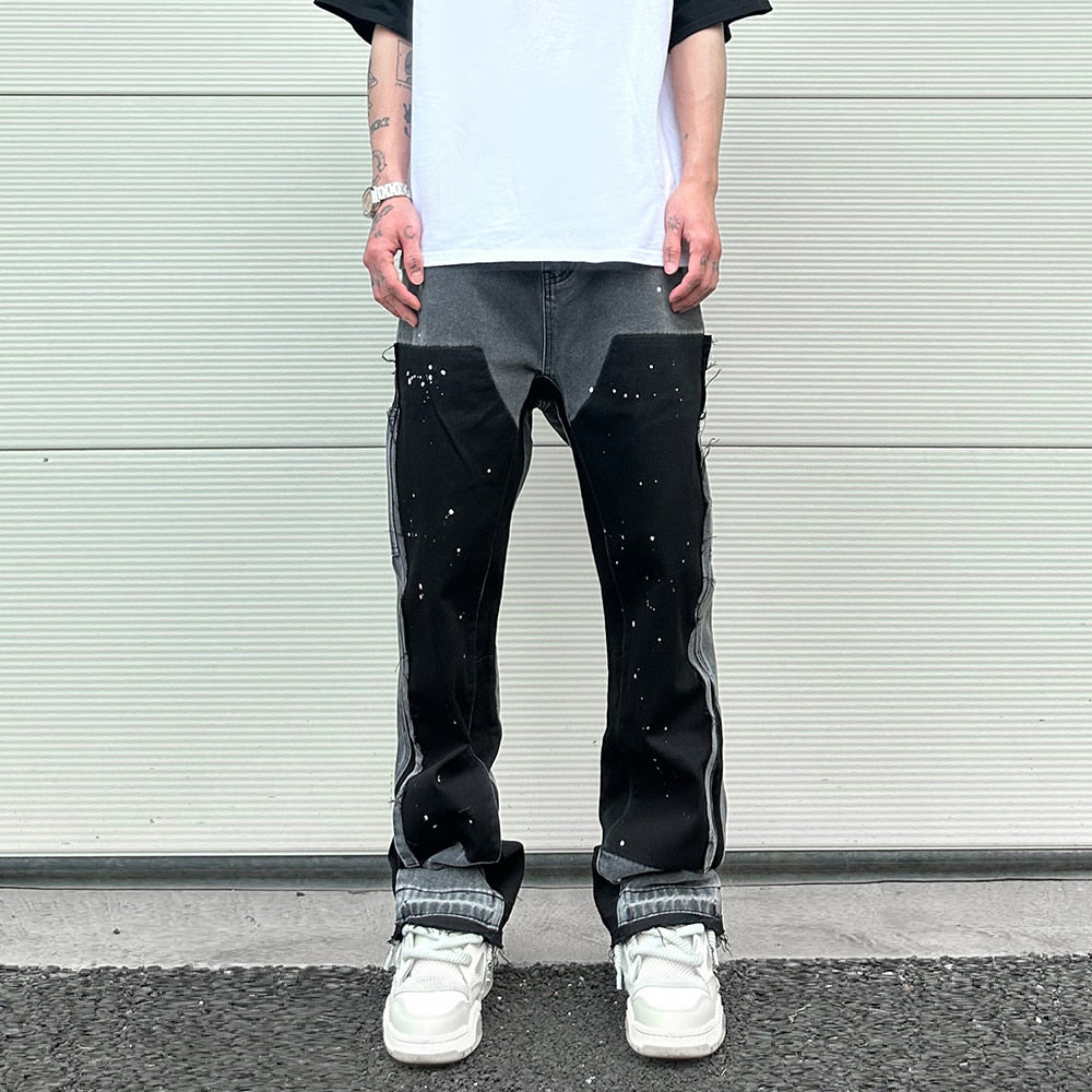 2023 Graffiti Black Flared Denim Pants with Patches Hip Hop Splashed
