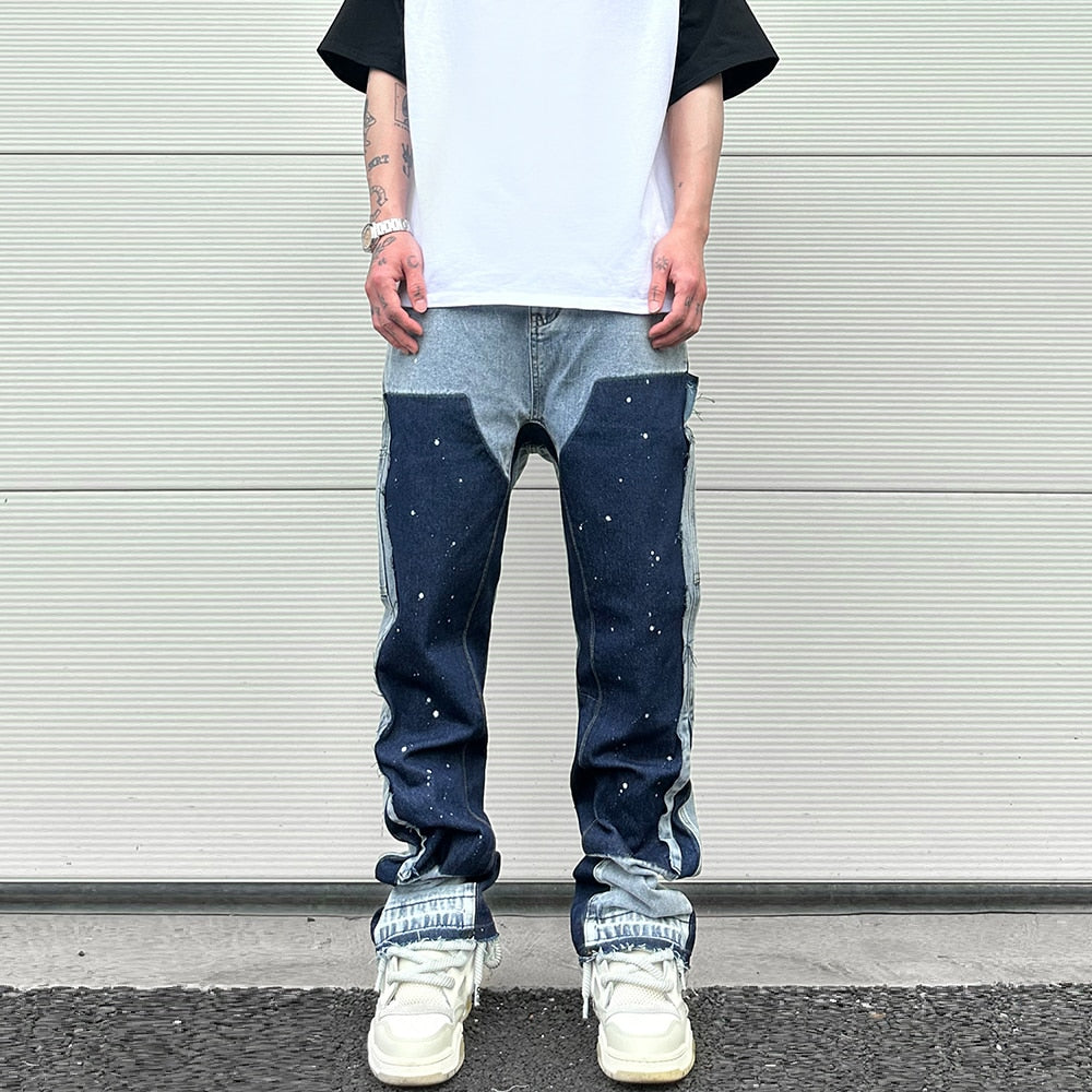 2023 Graffiti Black Flared Denim Pants with Patches Hip Hop Splashed