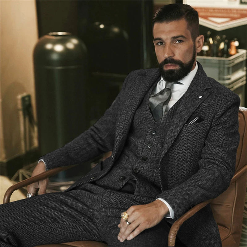 Gray Wool Tweed Winter Suit for Men Herringbone Slim Fit Formal Groom