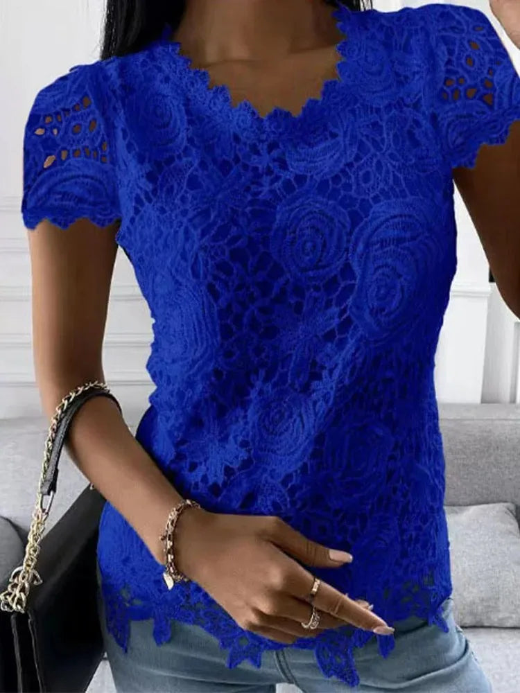 Y2k Vintage Lace Blouse Women T-Shirts Sexy O-Neck Short Sleeve