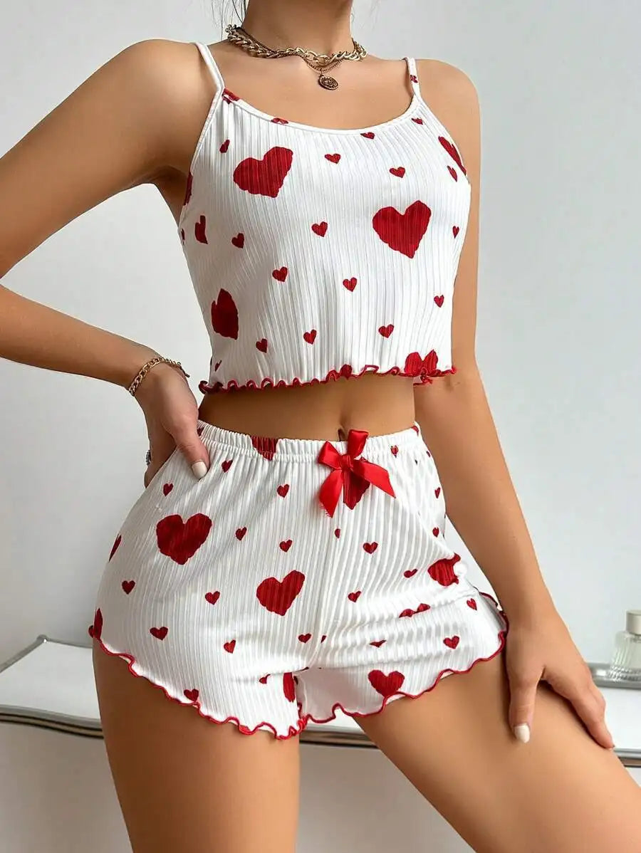 Women’s 2PCS Heart Print Pajama Set, Sleeveless Crop Top and Shorts,