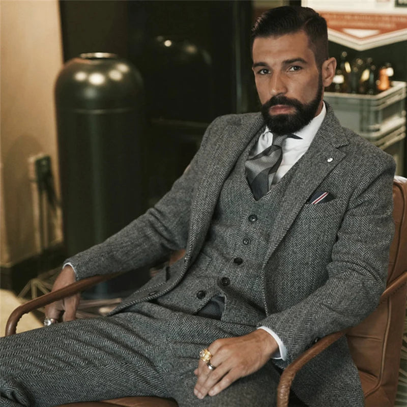 Gray Wool Tweed Winter Suit for Men Herringbone Slim Fit Formal Groom