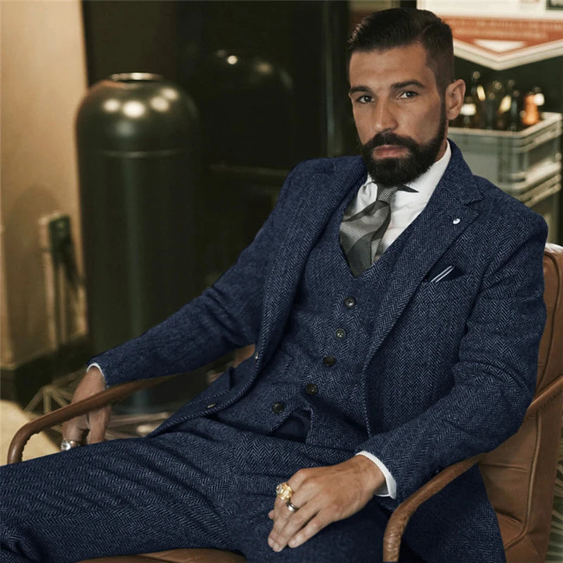 Gray Wool Tweed Winter Suit for Men Herringbone Slim Fit Formal Groom