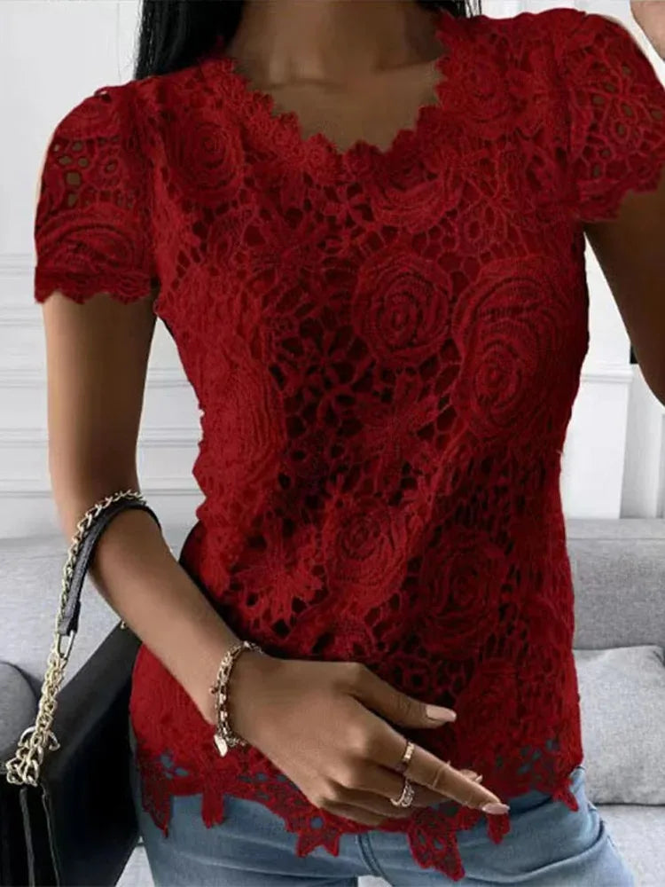 Y2k Vintage Lace Blouse Women T-Shirts Sexy O-Neck Short Sleeve