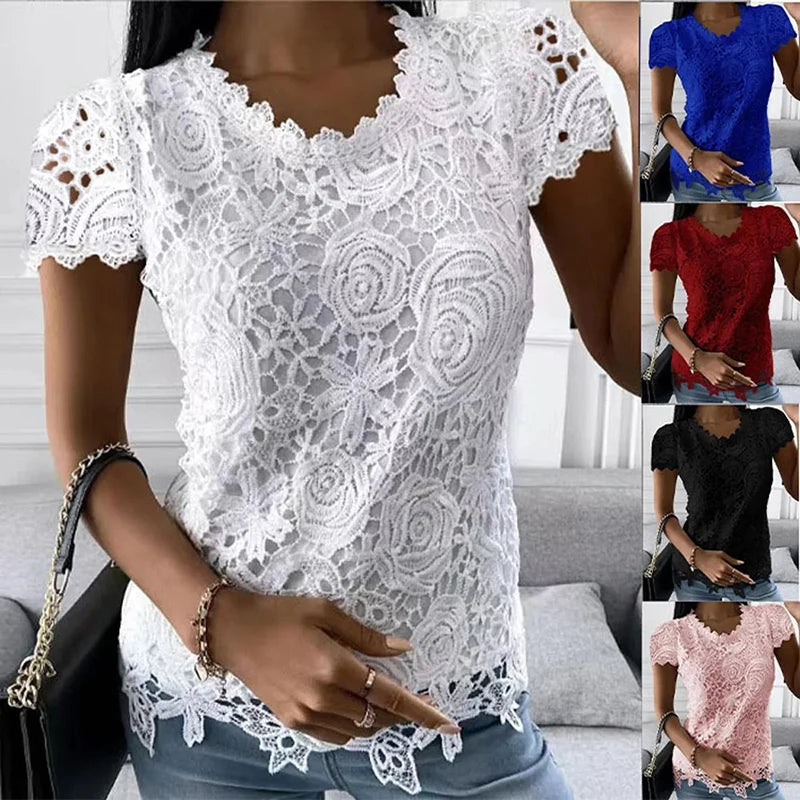 Y2k Vintage Lace Blouse Women T-Shirts Sexy O-Neck Short Sleeve