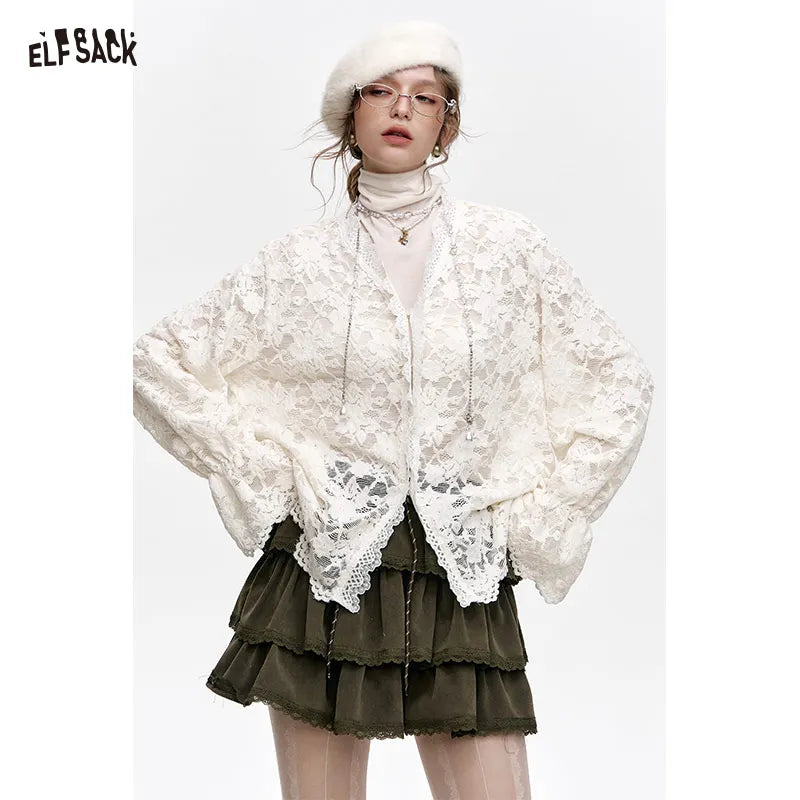 ELFSACK 2024 Winter New Arrivals White lace semi transparent chiffon