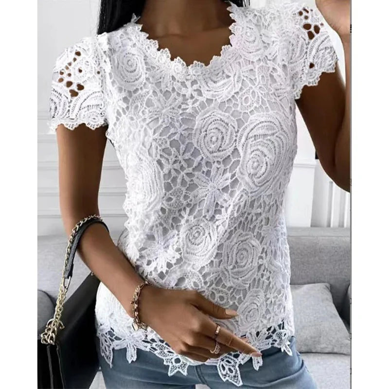 Y2k Vintage Lace Blouse Women T-Shirts Sexy O-Neck Short Sleeve