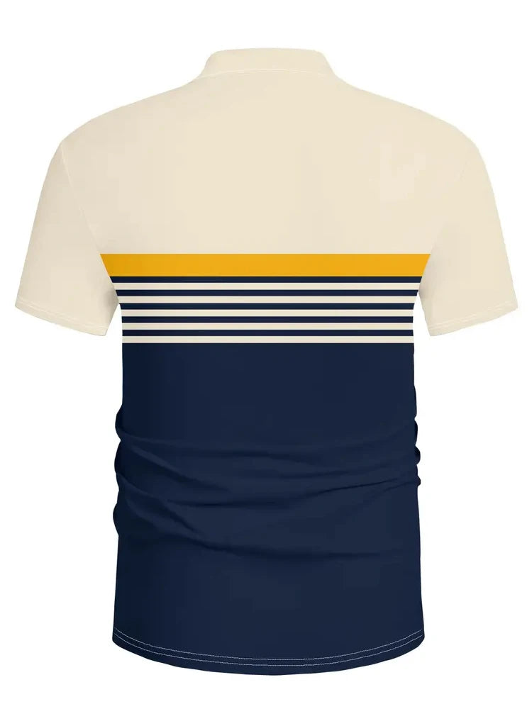 Men'S Casual Short Sleeve Polo Shirt with 3D Horse Print Striped Color