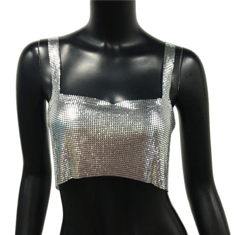 Bling Metallic Sequin Party Crop Top Y2k Fashion Solid Backless Straps