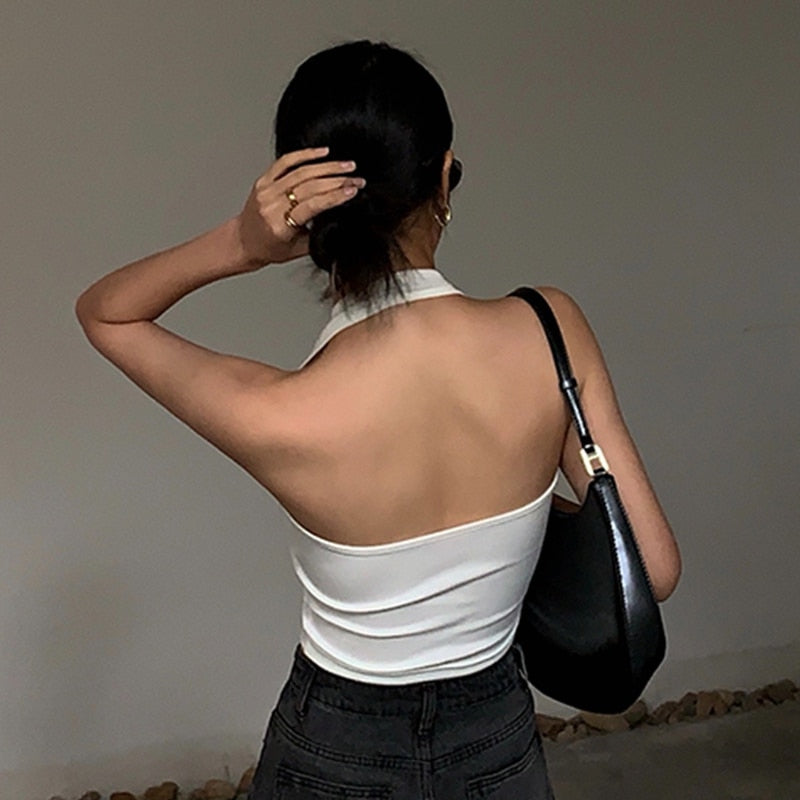 Cotton Sexy Backless Black White Tank Tops Halter Streetwear Vest