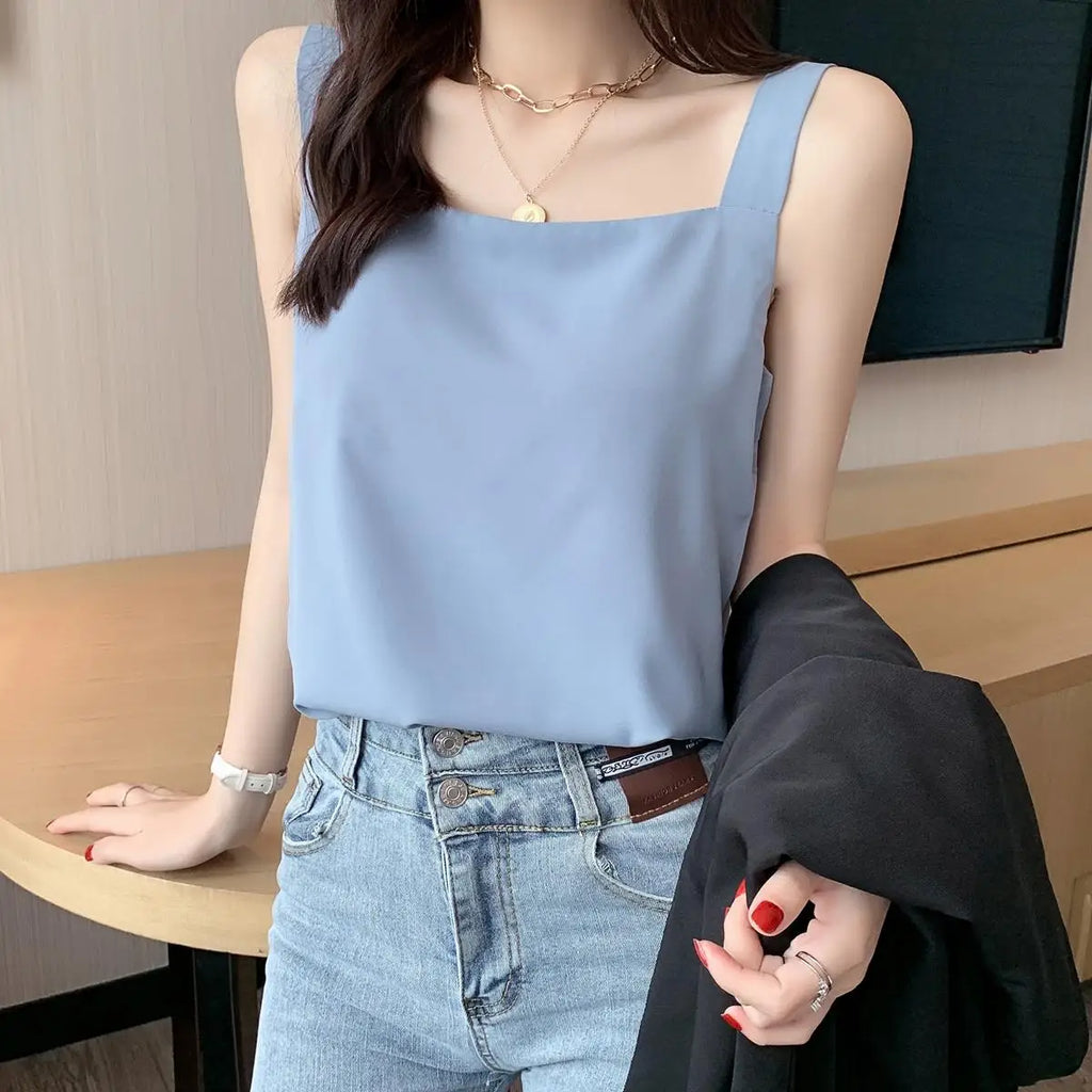 S-XL Women Square Collar Solid Chiffon Camis Tops Female Sleeveless