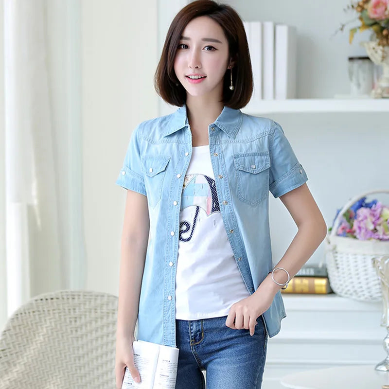 S-3XL Women Denim Shirt Summer New Fashion Casual Short-sleeve Buttons