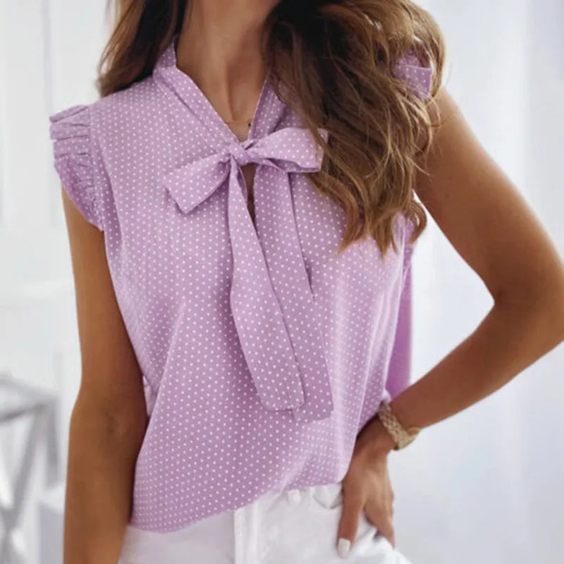 Women Summer Elegant Ruffles Sleeveless Polka Pot Lace Up Tie Bow