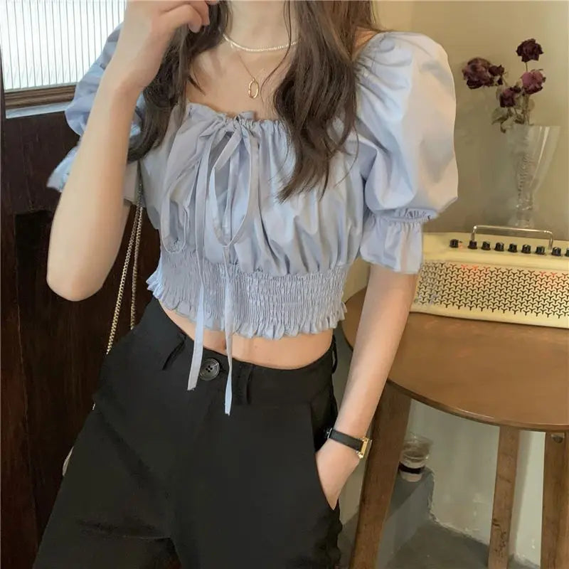 Off Shoulder Lace Up Bow Crop Top Blouse Women Summer Shirring Puff