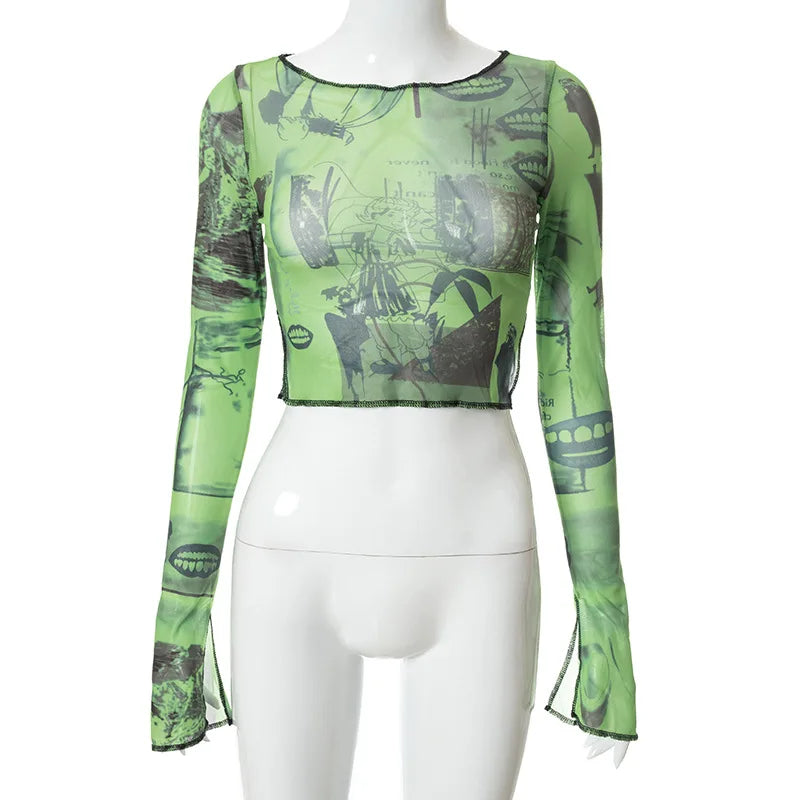 Sexy See Trough Crop Top  Vintage Graphic Print Green Mesh Sheer