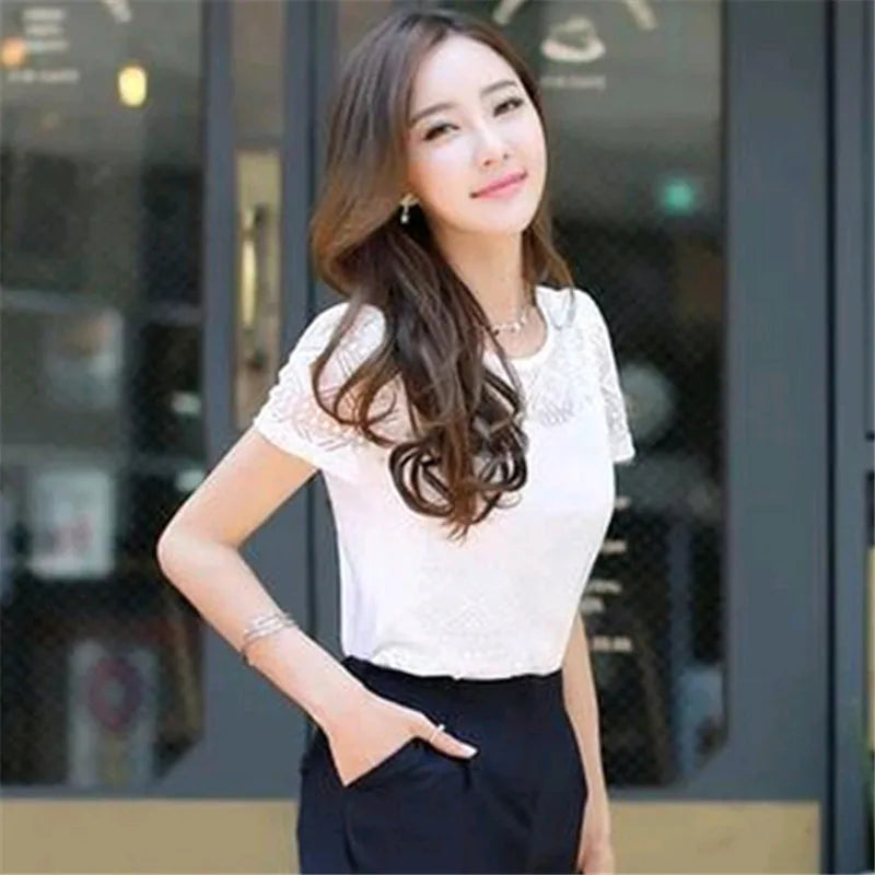 New Women Clothing Chiffon Blouse Lace Crochet Female Korean Shirts