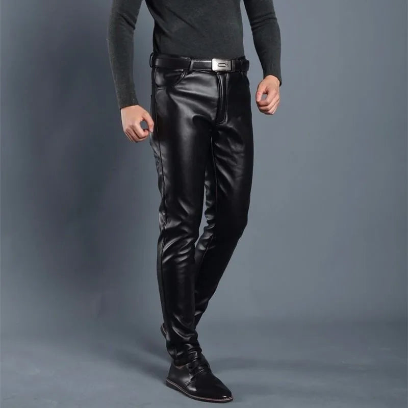 Leather Pants Men's Leggings Black Solid Faux Leather Jeans Male