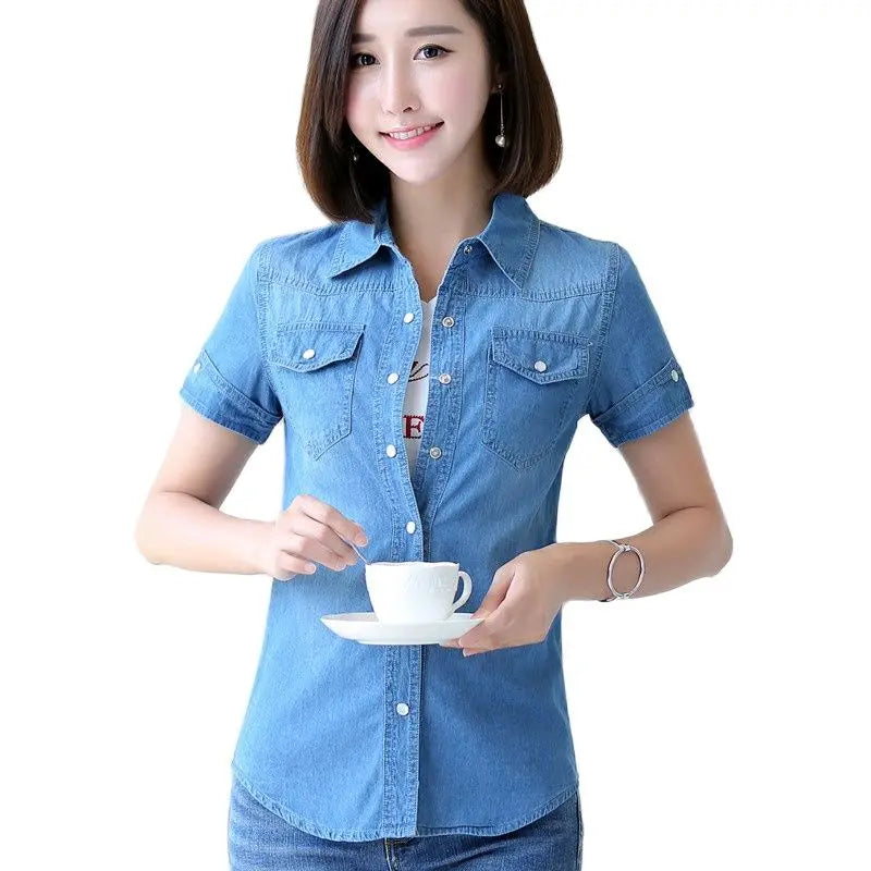 S-3XL Women Denim Shirt Summer New Fashion Casual Short-sleeve Buttons