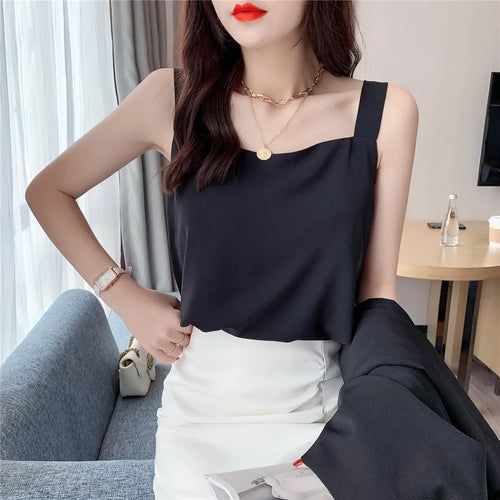 S-XL Women Square Collar Solid Chiffon Camis Tops Female Sleeveless