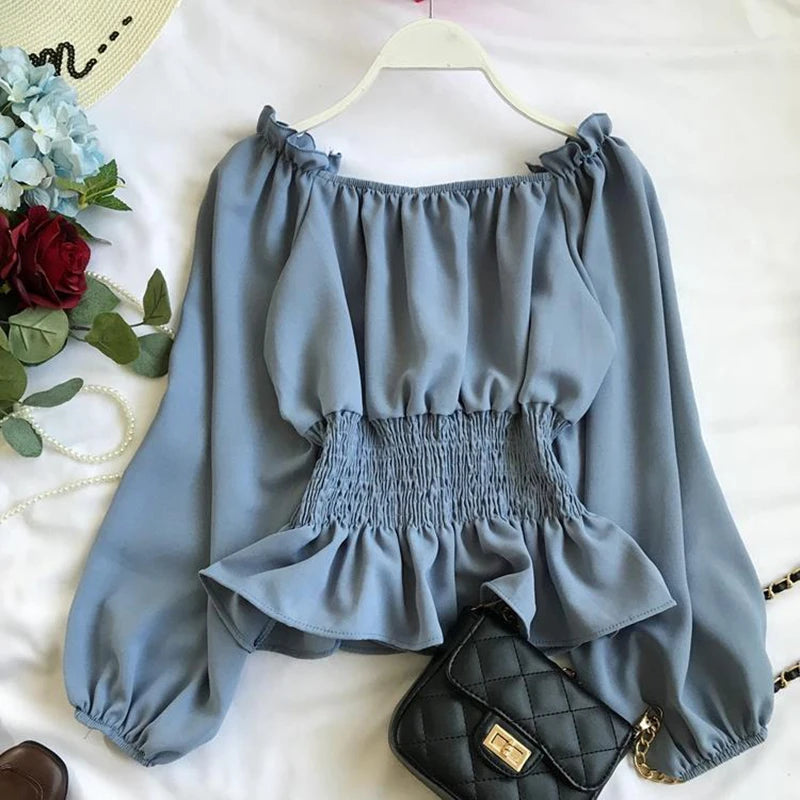 Youth Elegant Blouse Women Chiffon Fashion Blouse Off Shoulder White