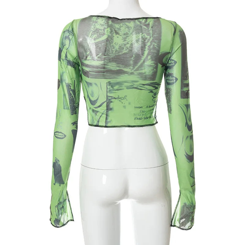 Sexy See Trough Crop Top  Vintage Graphic Print Green Mesh Sheer