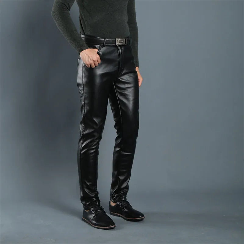 Leather Pants Men's Leggings Black Solid Faux Leather Jeans Male