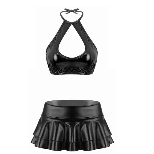 Womens Metallic Faux Leather Cheerleading Uniform Costume