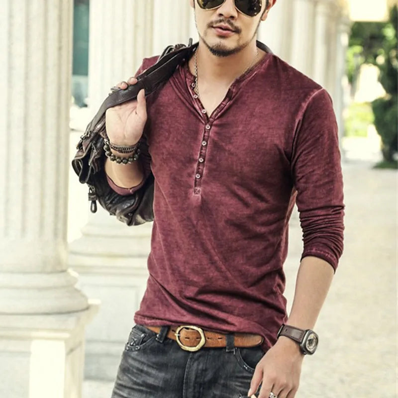Men Tee Shirt V-neck Long Sleeve Tee&Tops Stylish Buttons T-shirt 2023