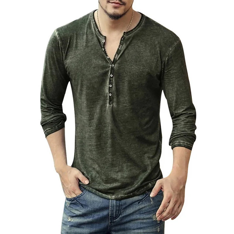 Men Tee Shirt V-neck Long Sleeve Tee&Tops Stylish Buttons T-shirt 2023