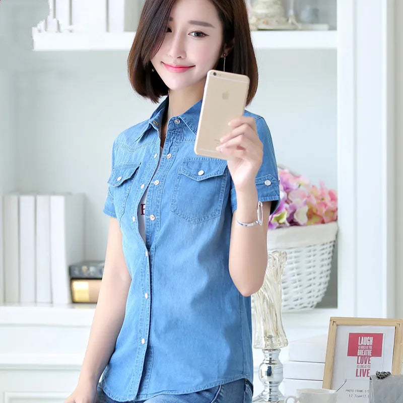 S-3XL Women Denim Shirt Summer New Fashion Casual Short-sleeve Buttons