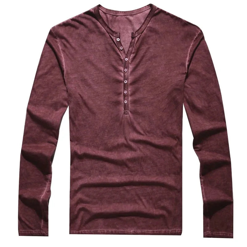 Men Tee Shirt V-neck Long Sleeve Tee&Tops Stylish Buttons T-shirt 2023