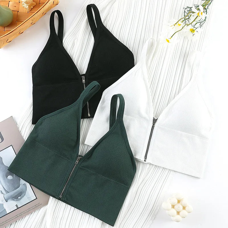 Sexy Zipper Female V-Neck Wireless Bra New Seamless Soft Crop Top