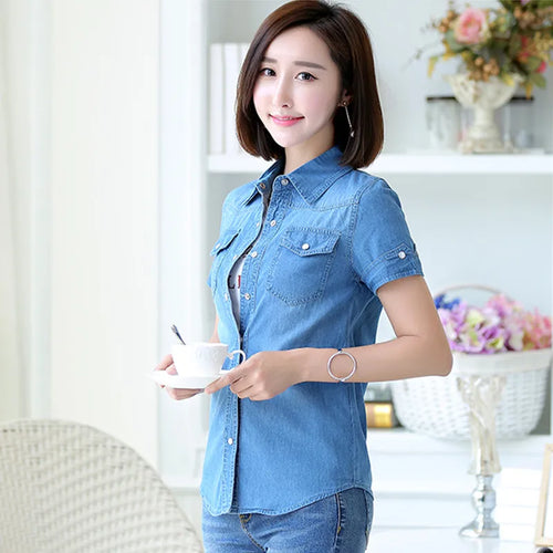 S-3XL Women Denim Shirt Summer New Fashion Casual Short-sleeve Buttons