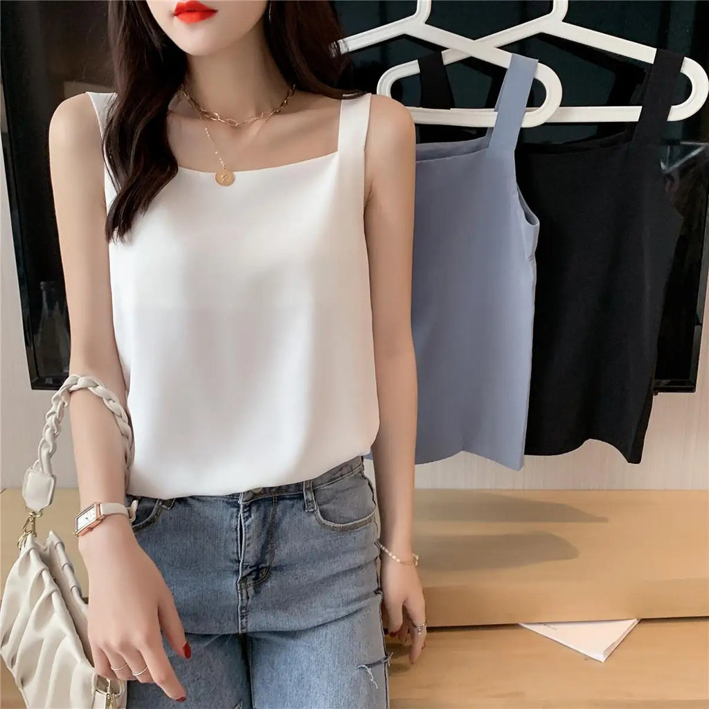 S-XL Women Square Collar Solid Chiffon Camis Tops Female Sleeveless