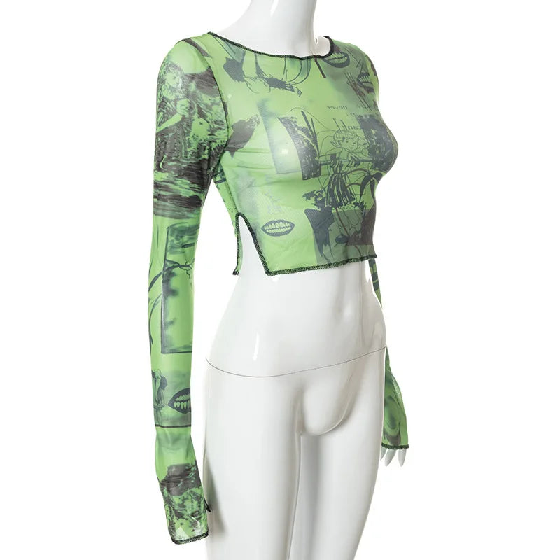 Sexy See Trough Crop Top  Vintage Graphic Print Green Mesh Sheer