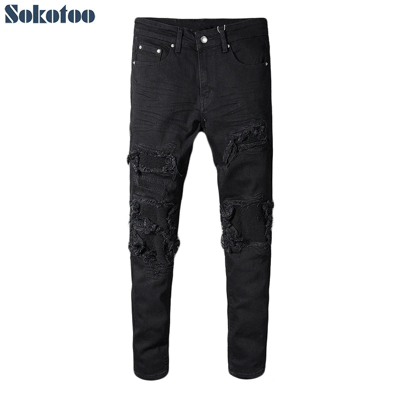 Sokotoo Men's black patchwork stretch denim biker jeans for motorcycle