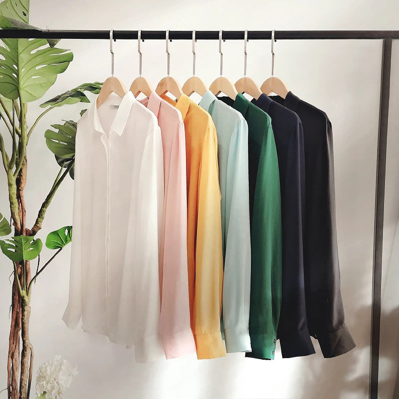 SuyaDream Women Silk Dress Shirts 100% REAL SILK Solid Long Sleeved
