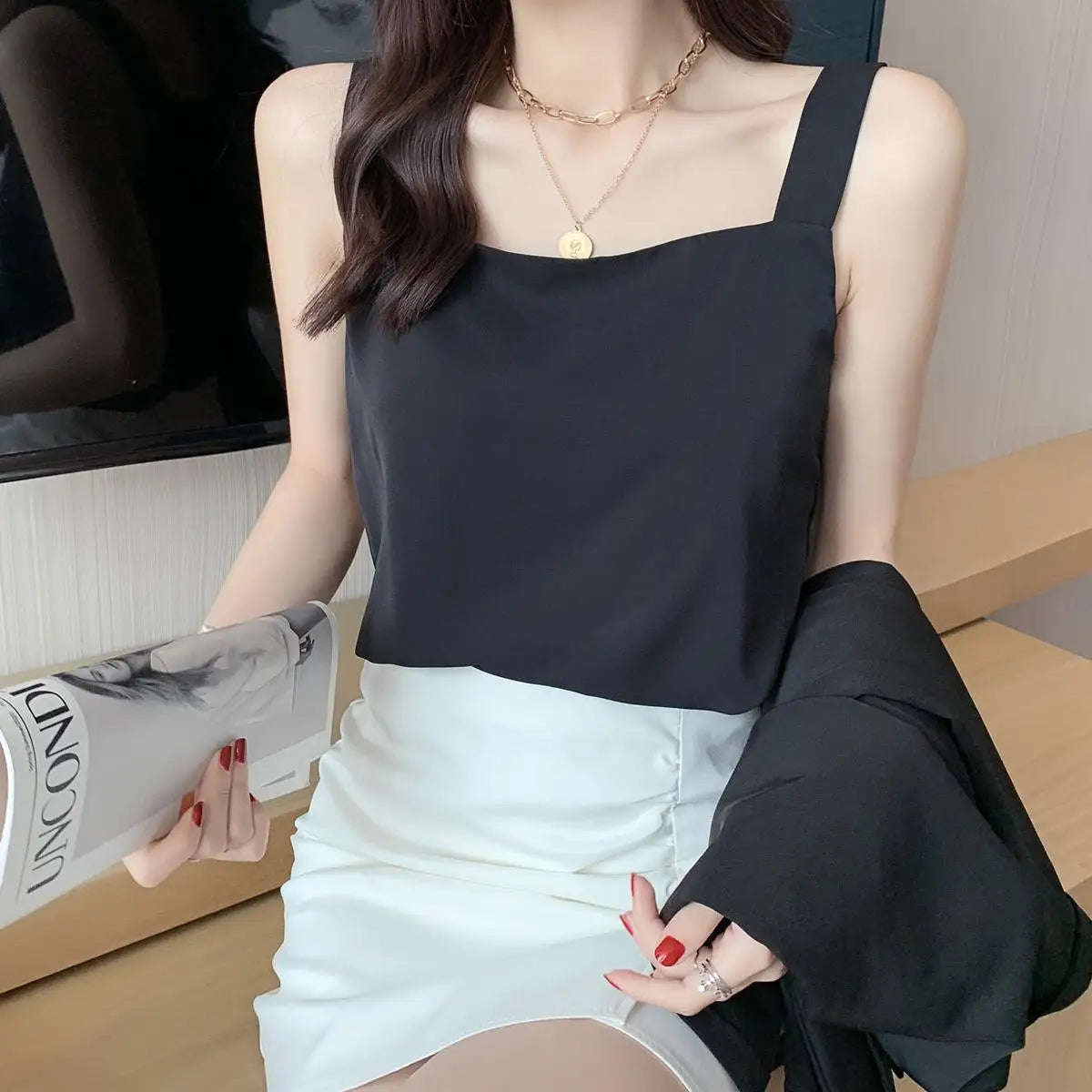 S-XL Women Square Collar Solid Chiffon Camis Tops Female Sleeveless