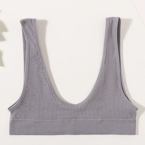 Women Seamless Bra Ribbed Sports Deep-U Shape Bralette Non-wire