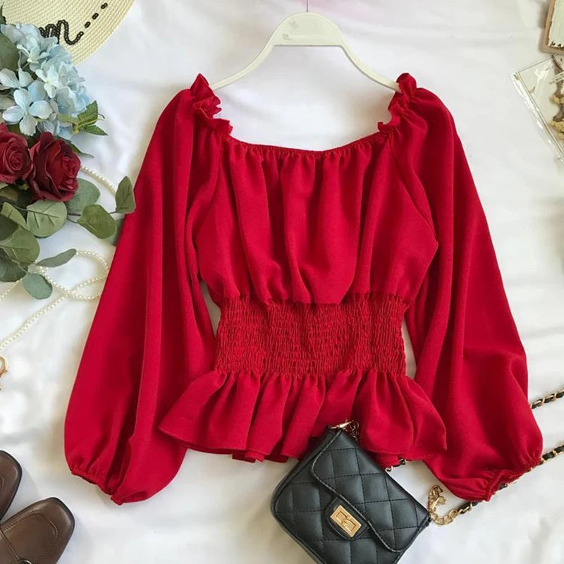 Youth Elegant Blouse Women Chiffon Fashion Blouse Off Shoulder White
