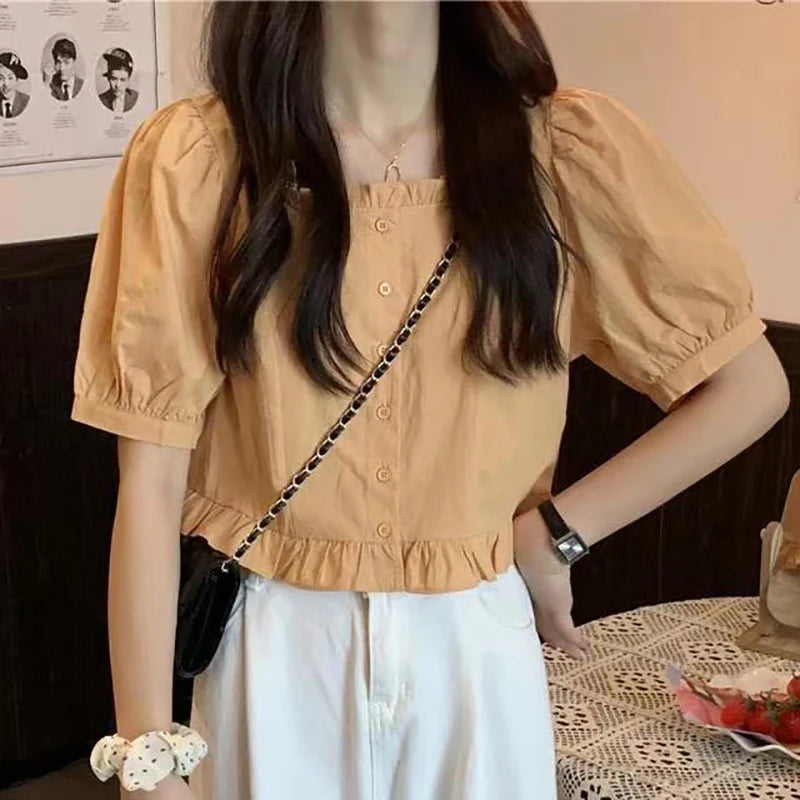 Korean Summer Ruffle Elegant Chiffon Cool Blouse Women Youthful Cute