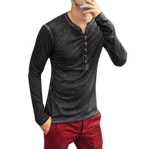Men Tee Shirt V-neck Long Sleeve Tee&Tops Stylish Buttons T-shirt 2023