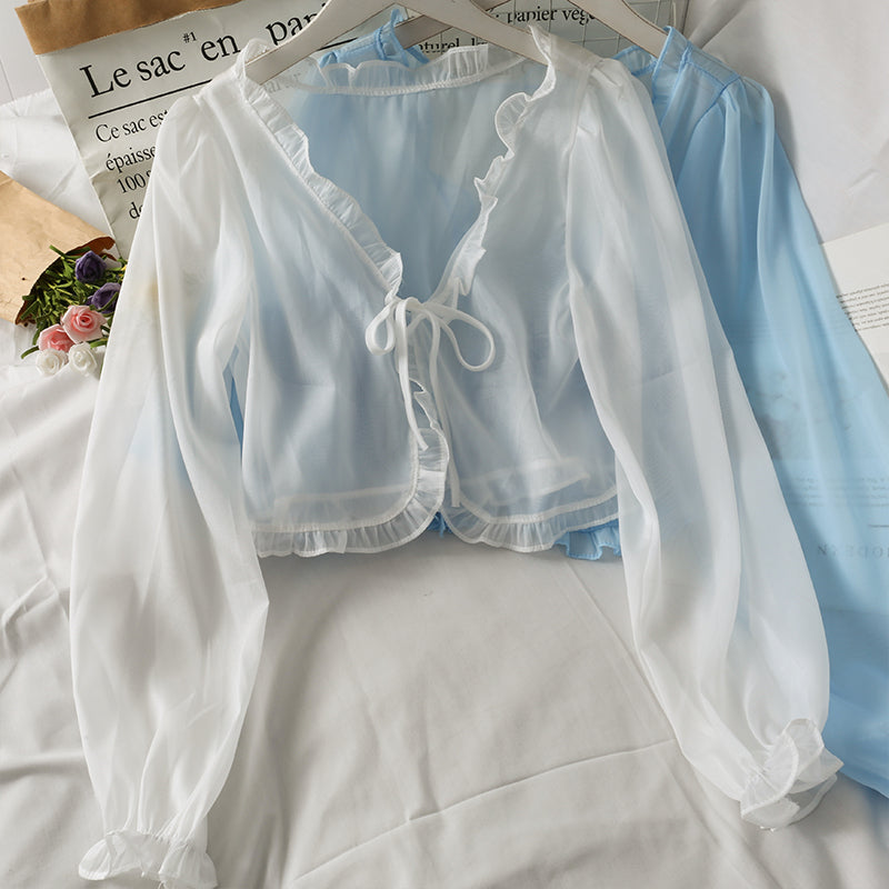 Long Sleeve Thin Breathable T shirts Women Lace Bow Cardigan Blouse