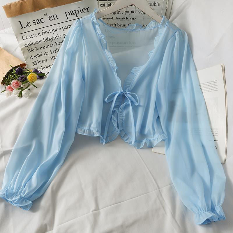 Long Sleeve Thin Breathable T shirts Women Lace Bow Cardigan Blouse