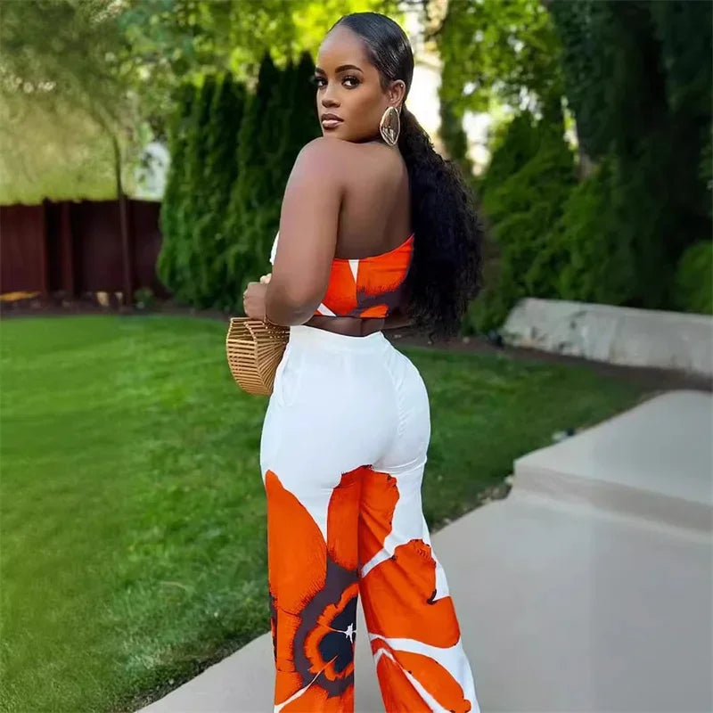 Floral Print Summer Two Piece Set Women Holiday One Shoulder Crop Top