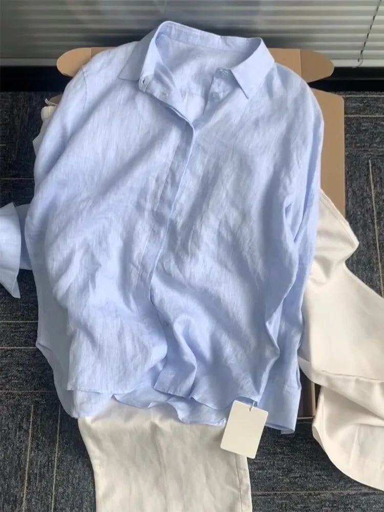 Casual Office Ladies Work Solid Color Linen Shirt Long Sleeve Spring