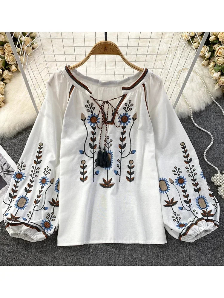 Women Spring Blouse Ethnic Style Retro Literature Loose Embroidered